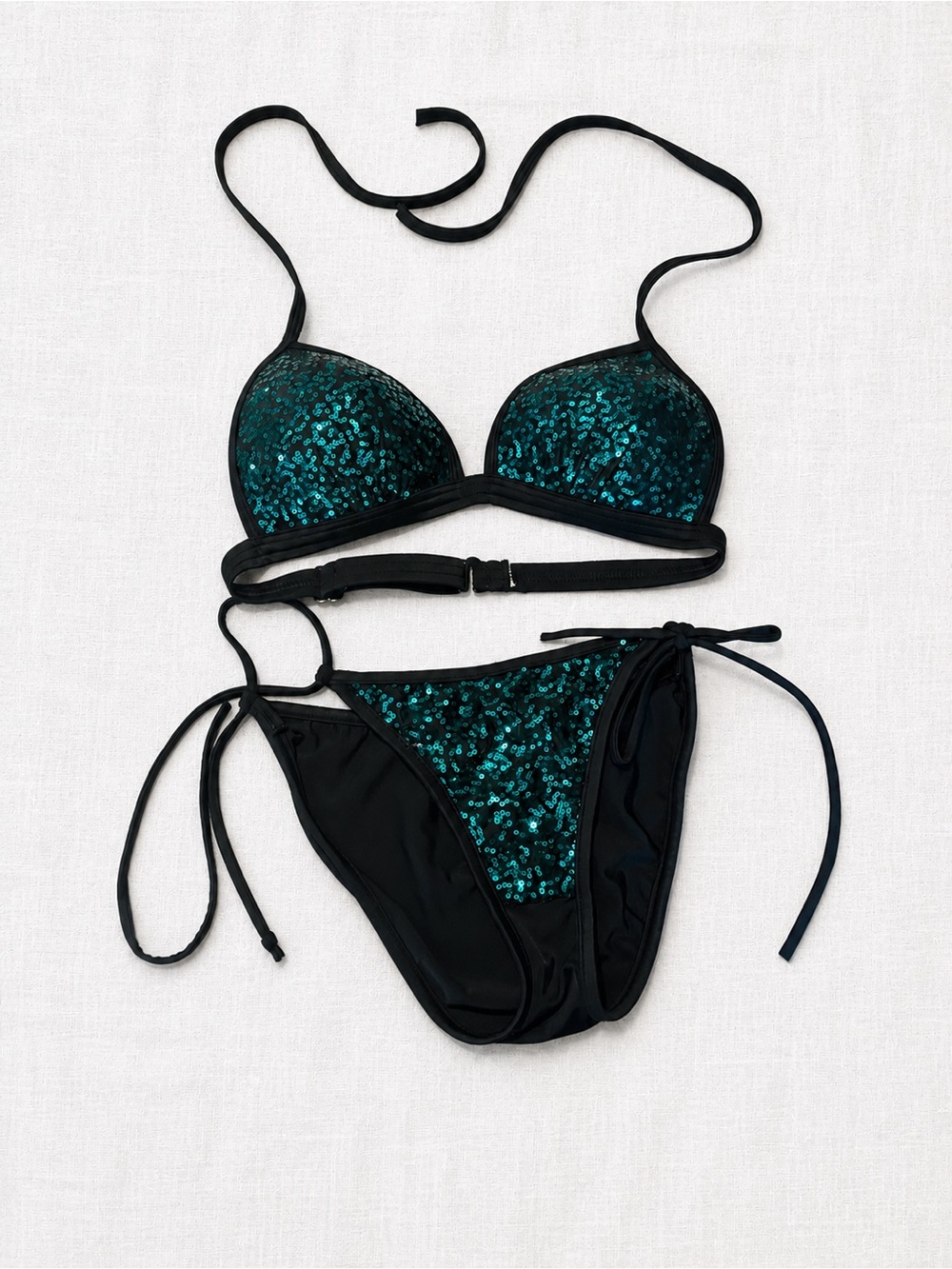 VENUS Black & Teal Sequin Tie-Side Bikini